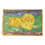 A 20th Century painting of a lion on glass,