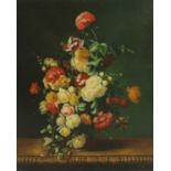 Dutch School (20th Century), Still life of roses, tulips, carnations in a vase on a carved table