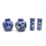 A pair of Chinese blue and white ginger jars and covers,