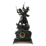 A 19th century French spelter clock, surmounted by figures in a boat, 80cm high