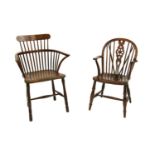 Two 19th century and later yew wood Windsor elbow chairs,