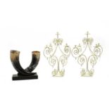 A pair of painted wirework five light table candelabra with glass lustre drops,