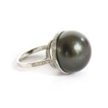 An 18ct white gold cultured Tahitian South Sea pearl and diamond ring,