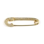 A gold, diamond set, safety pin-style brooch,
