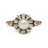 A gold cultured pearl and diamond cluster ring,