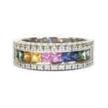 An 18ct white gold rainbow sapphire and diamond ring,