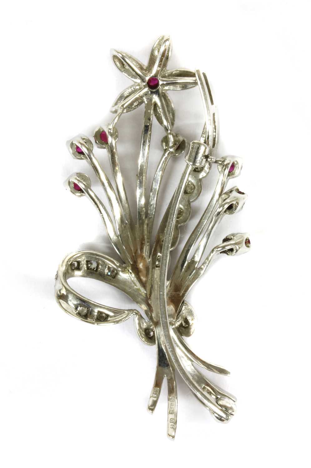 An 18ct white gold ruby and diamond floral spray brooch, c.1960, - Image 2 of 2