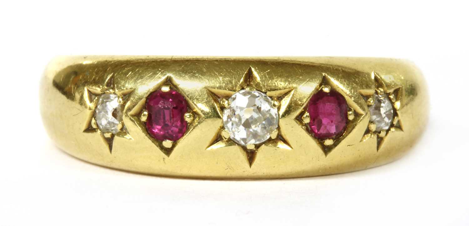A Victorian 18ct gold diamond and ruby five stone ring,