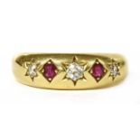 A Victorian 18ct gold diamond and ruby five stone ring,