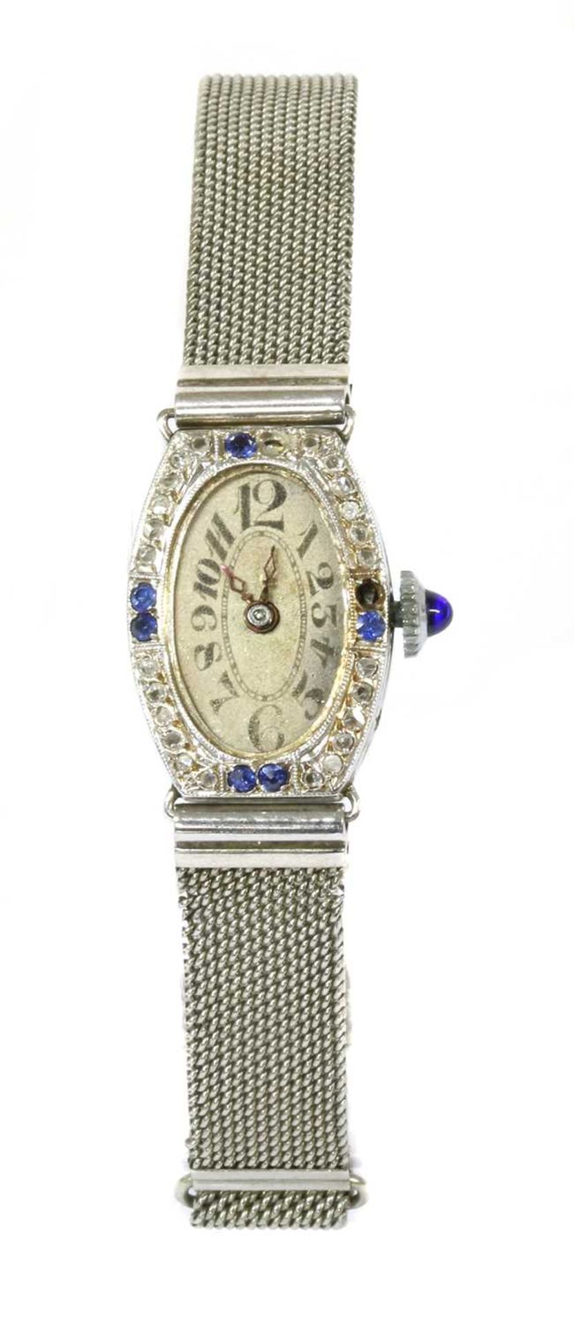 A French Art Deco white gold sapphire and diamond cocktail watch,