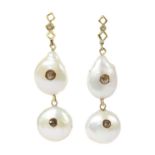 A pair of gold cultured baroque pearl and diamond earrings,