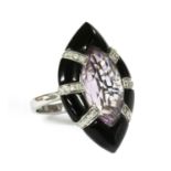 A white gold amethyst, onyx and diamond ring,