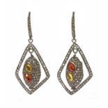 A pair of oxidised silver diamond and sapphire drop earrings,