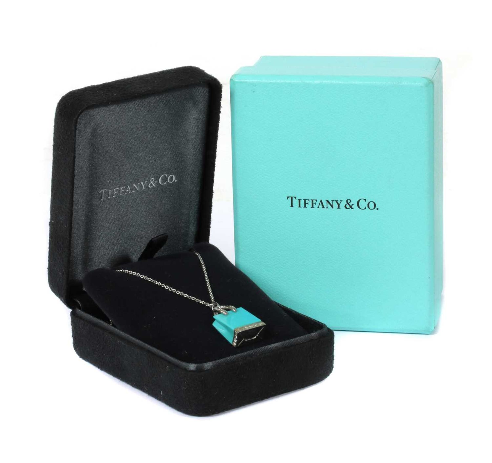 A platinum turquoise and diamond shopping bag pendant/charm by Tiffany & Co., - Bild 2 aus 8