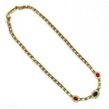 A sapphire, ruby and diamond cluster necklace,