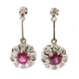 A pair of 18ct gold ruby and diamond drop earrings,