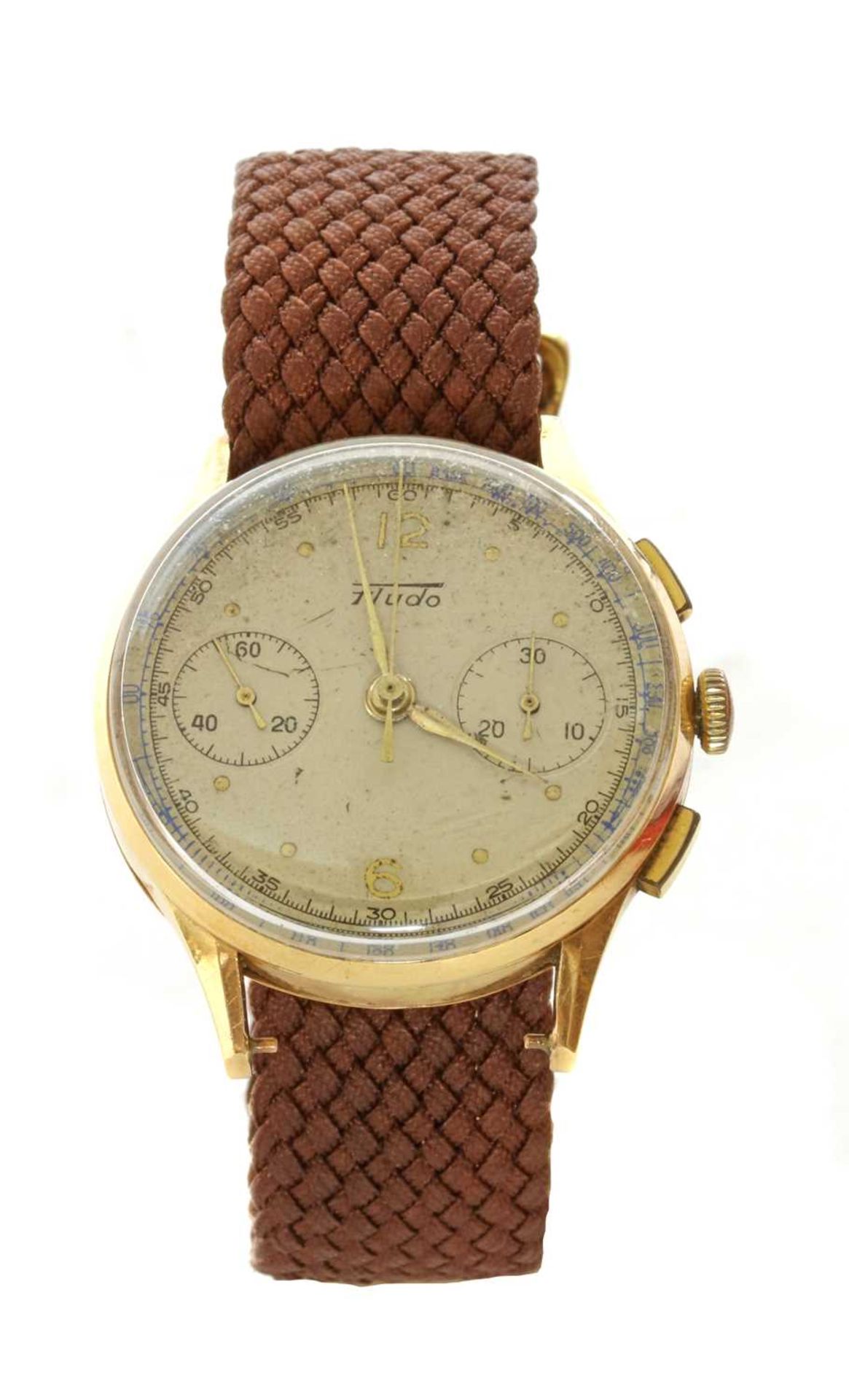 An 18ct gold Fludo mechanical chronograph strap watch,