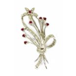 An 18ct white gold ruby and diamond floral spray brooch, c.1960,