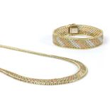 A 9ct three colour gold brick link necklace and bracelet suite, c.1980,