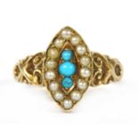 A gold turquoise and split pearl cluster ring,