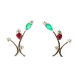A pair of white gold emerald, ruby and diamond spray earrings,