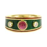 An 18ct gold enamel ruby and diamond ring,