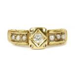 A Victorian 18ct gold diamond and split pearl ring,