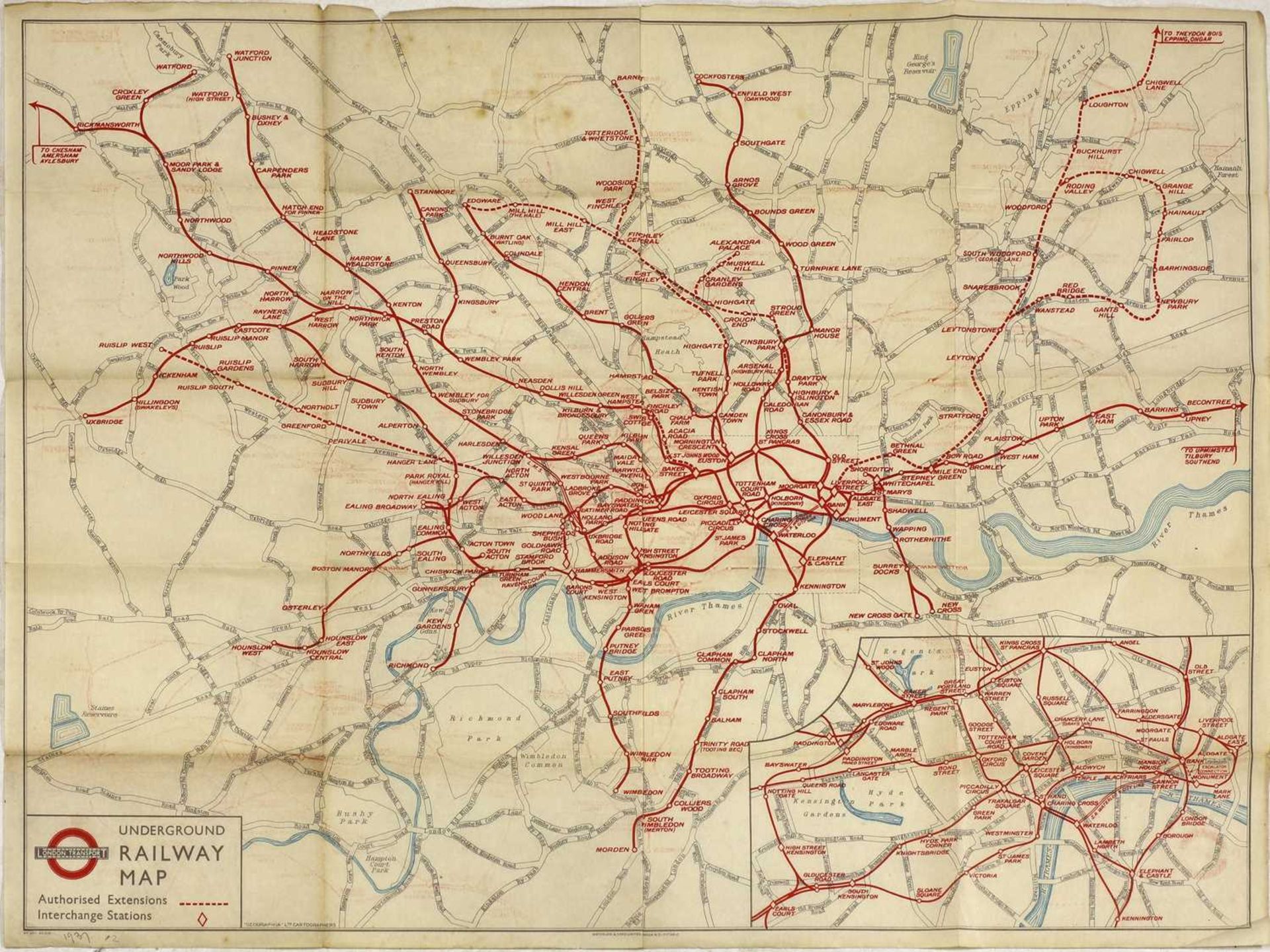 LONDON UNDERGROUND RAILWAY MAP 1937,