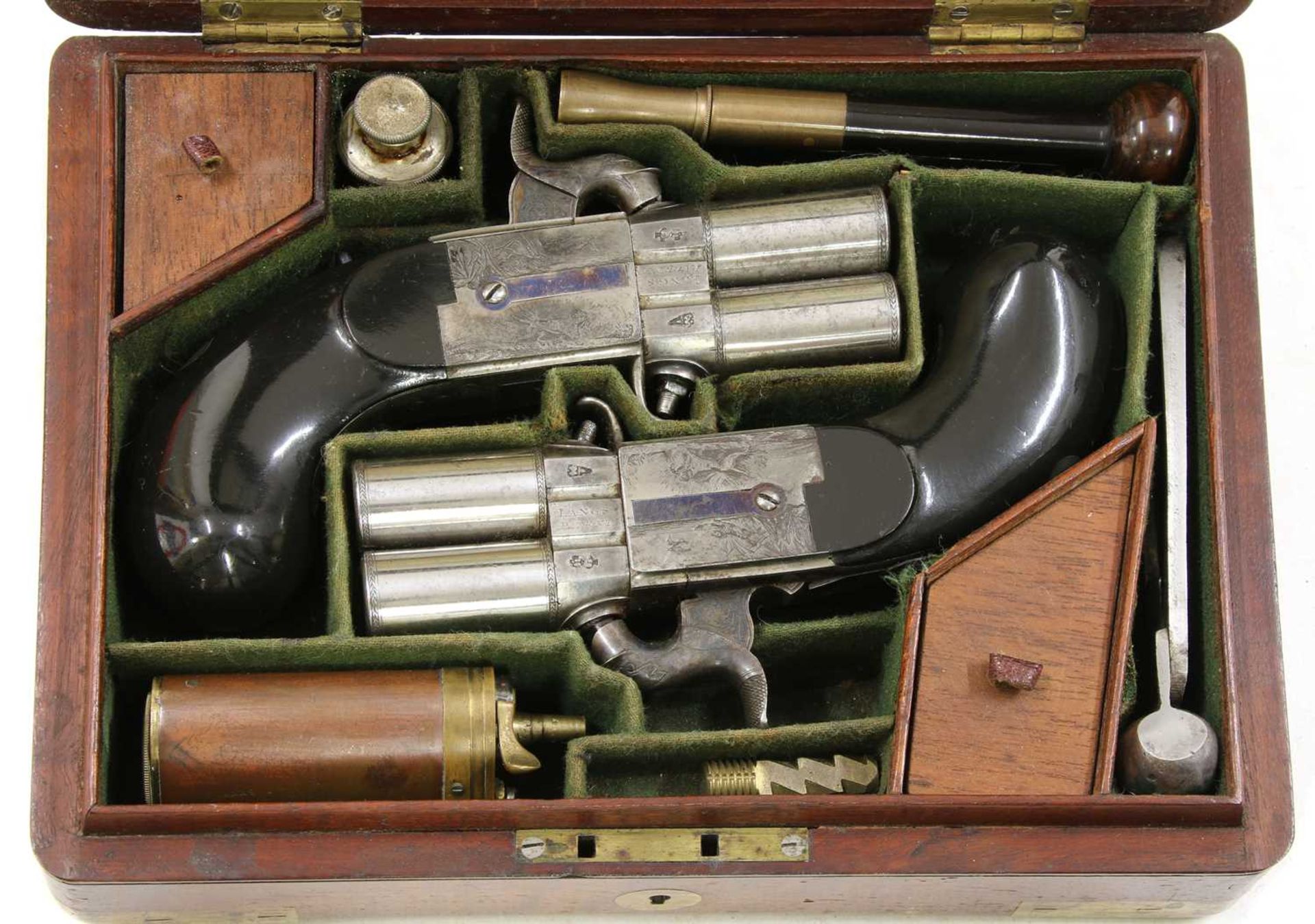 A cased pair of turn-over barrel percussion pistols by Joseph Lang, - Image 2 of 5