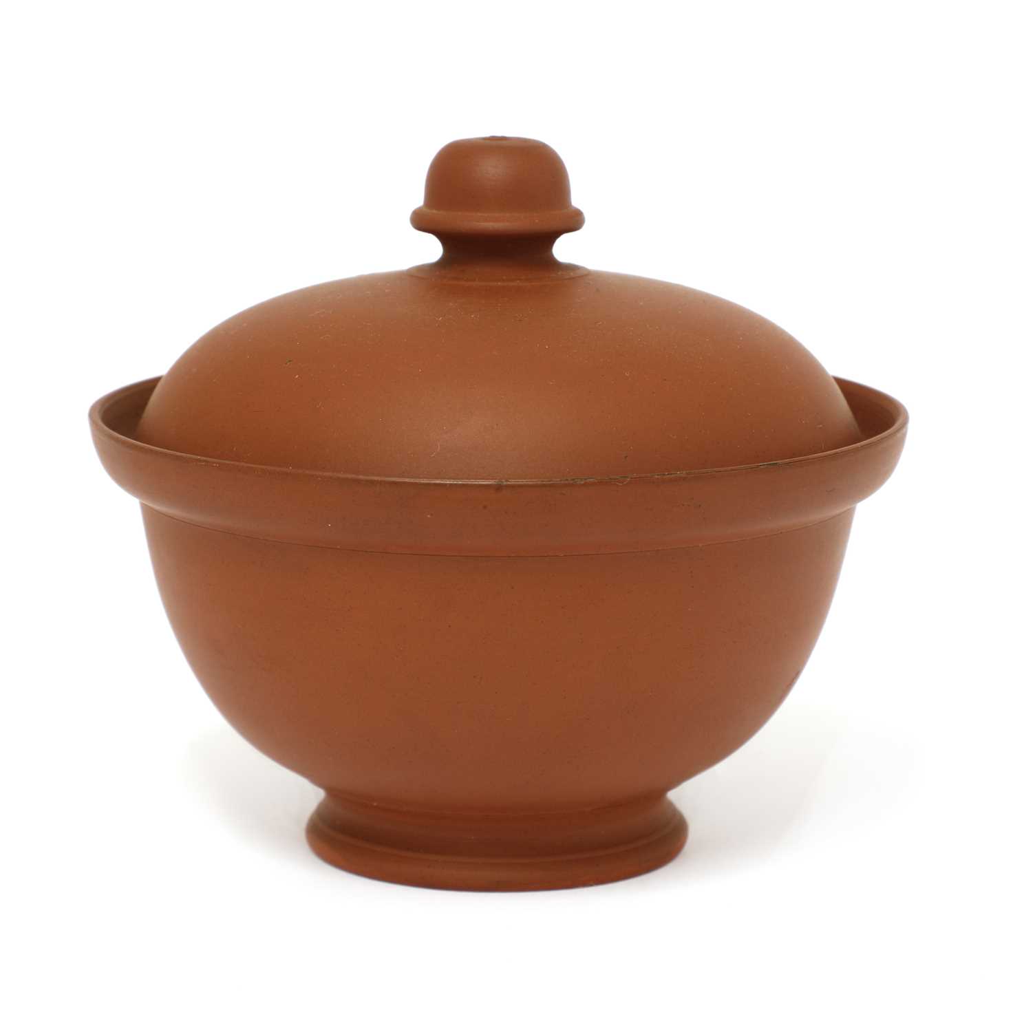 A Staffordshire redware ogee-shaped round sucrier and domed cover,
