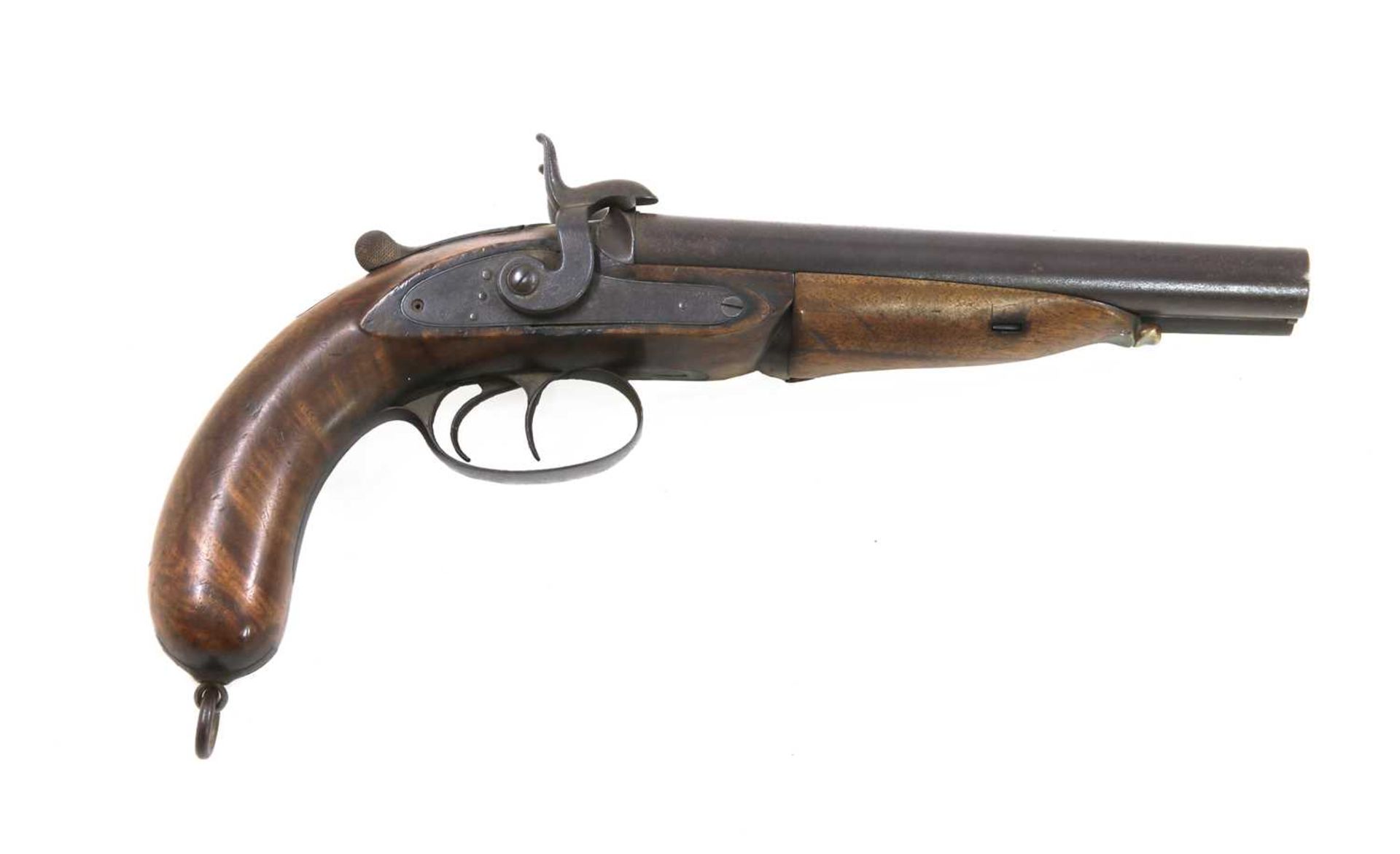A 16 bore double-barrelled rifled pin-fire Westley Richards Howdah pistol, - Image 2 of 4