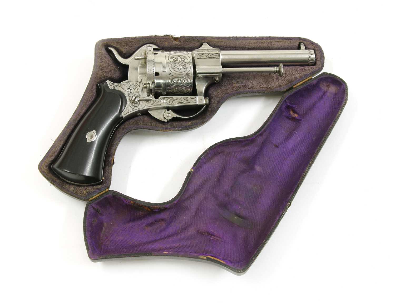 A cased six-shot pin-fire Belgian revolver,