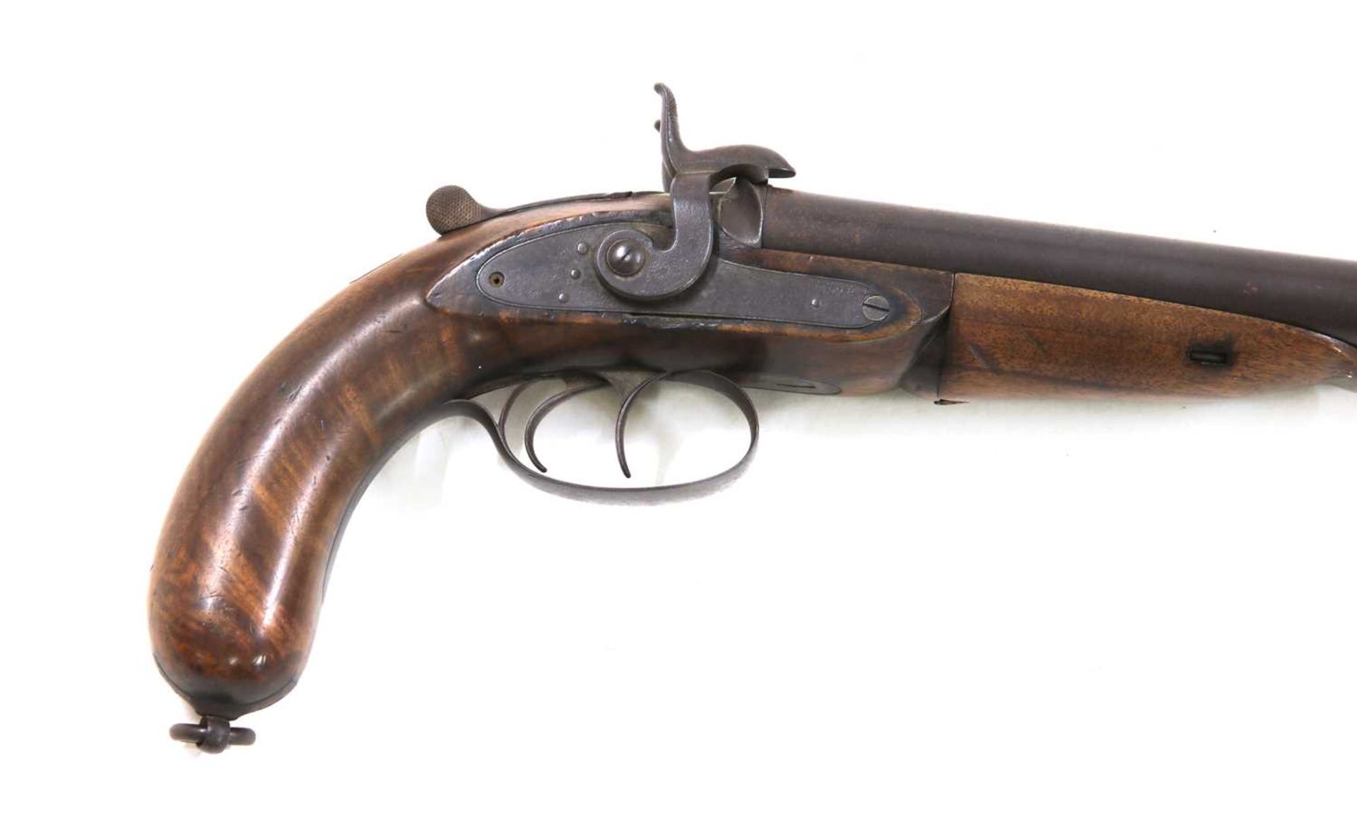 A 16 bore double-barrelled rifled pin-fire Westley Richards Howdah pistol, - Image 4 of 4