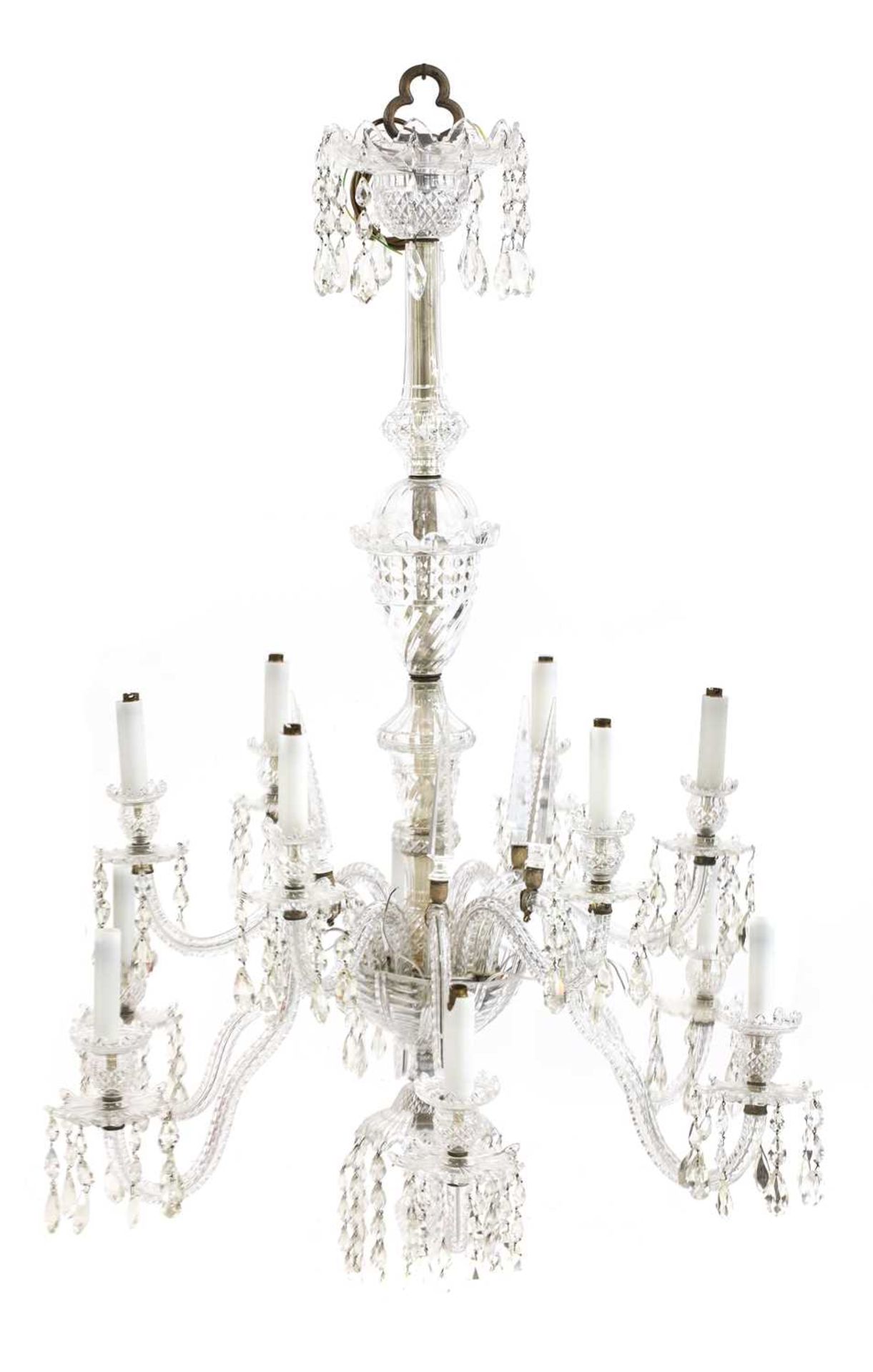 A clear glass chandelier,