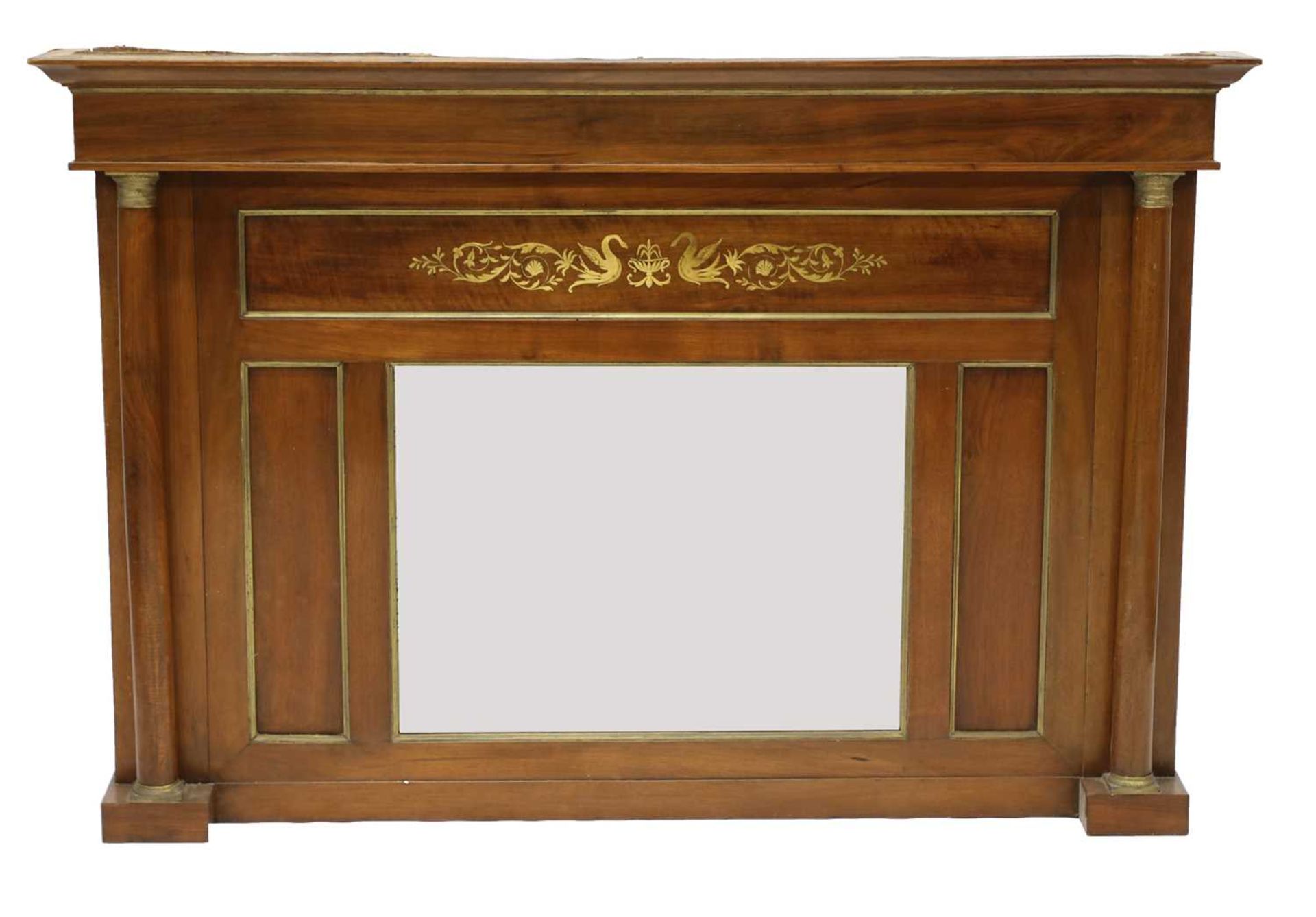 A brass inlaid mahogany overmantel mirror,