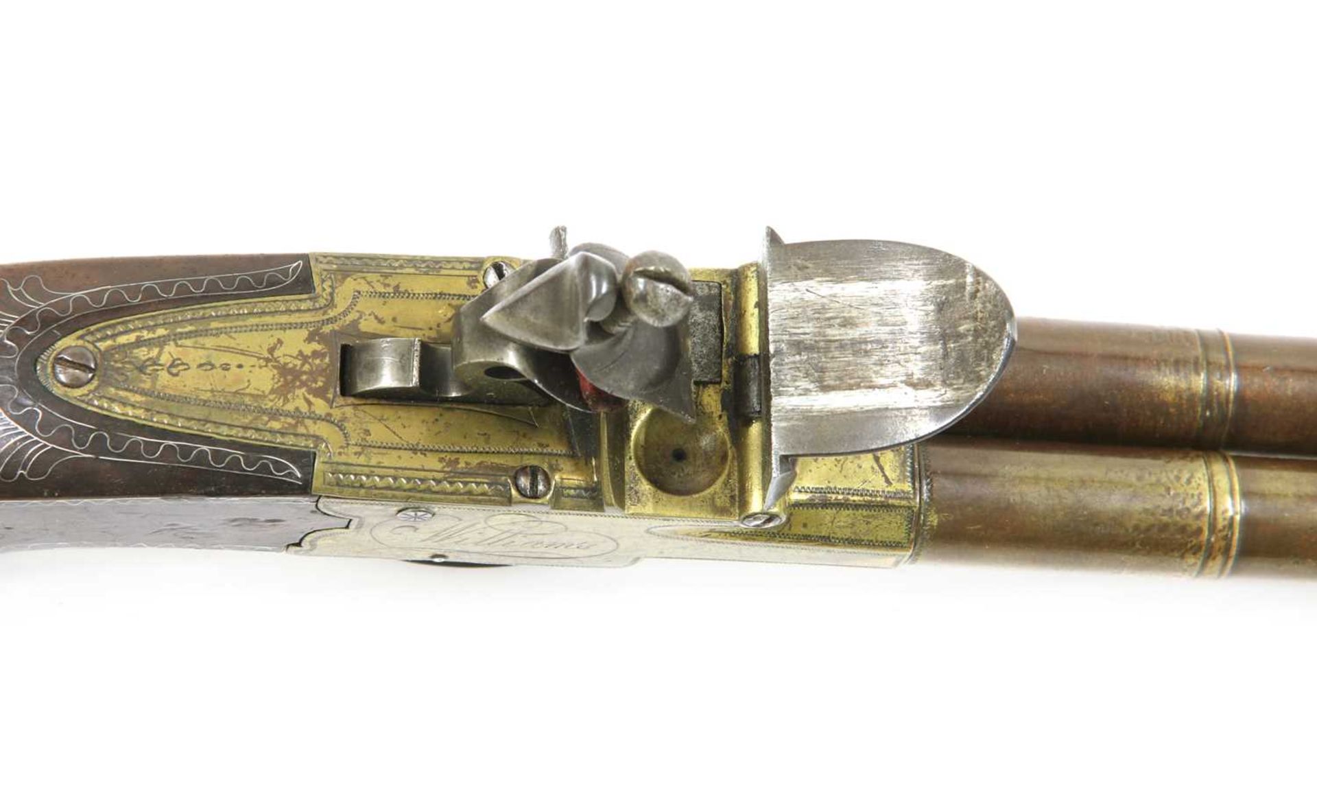 A pair of double-barrel box-lock flintlock pistols, - Image 4 of 14