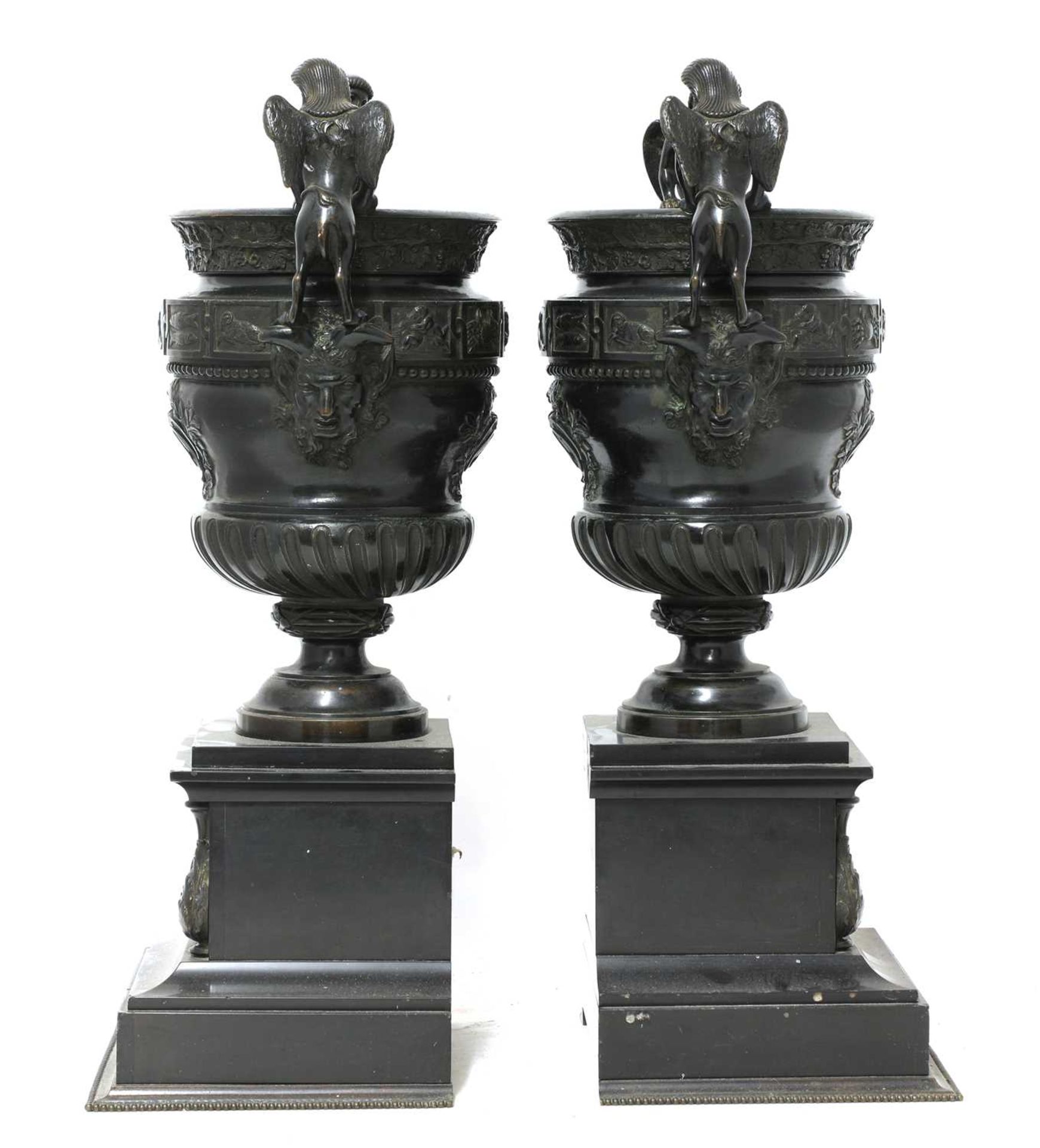 A pair of French bronze and marble garniture urns, - Image 3 of 4