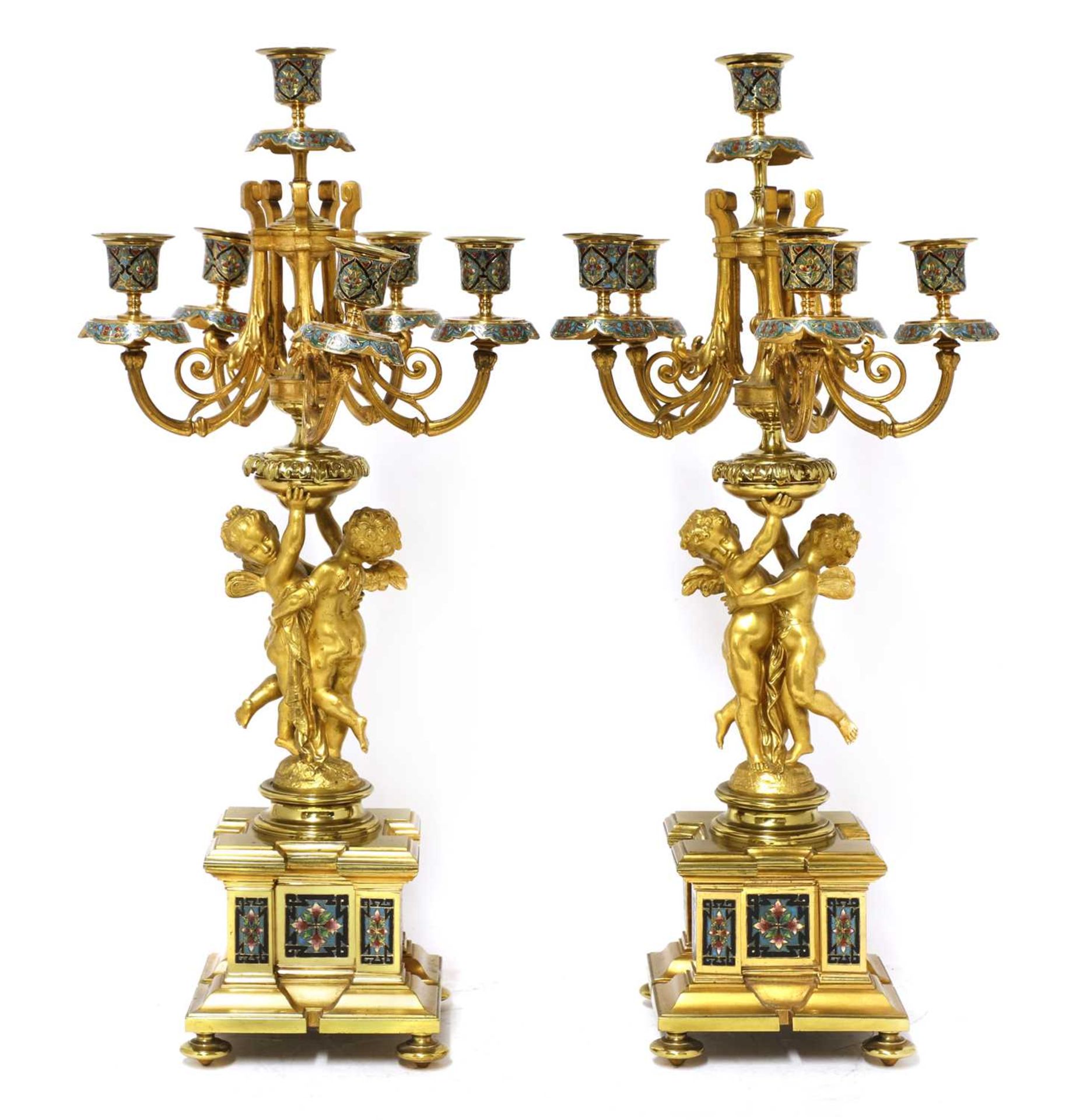 A pair of gilt-bronze and champlevé enamel six-branch candelabra, - Image 2 of 15