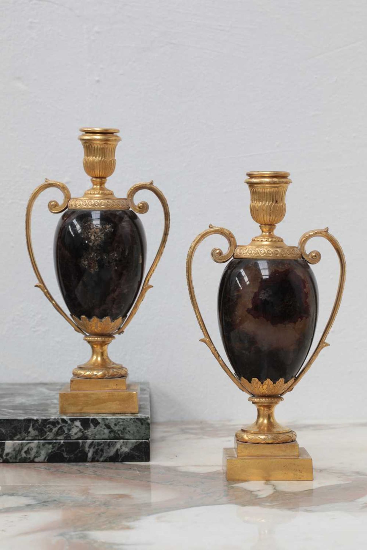 A pair of George III ormolu-mounted Blue John cassolette vases, - Image 3 of 52