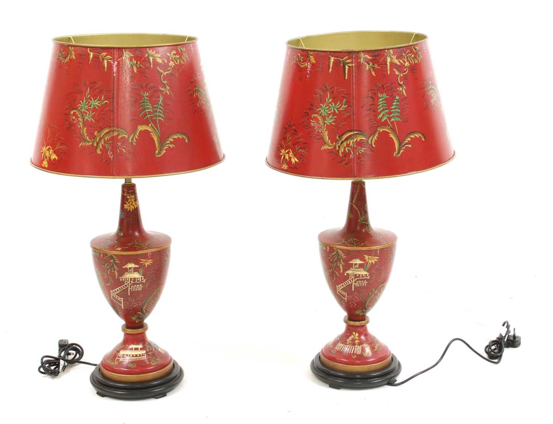 A pair of red toleware-style table lamps and shades, - Image 2 of 2