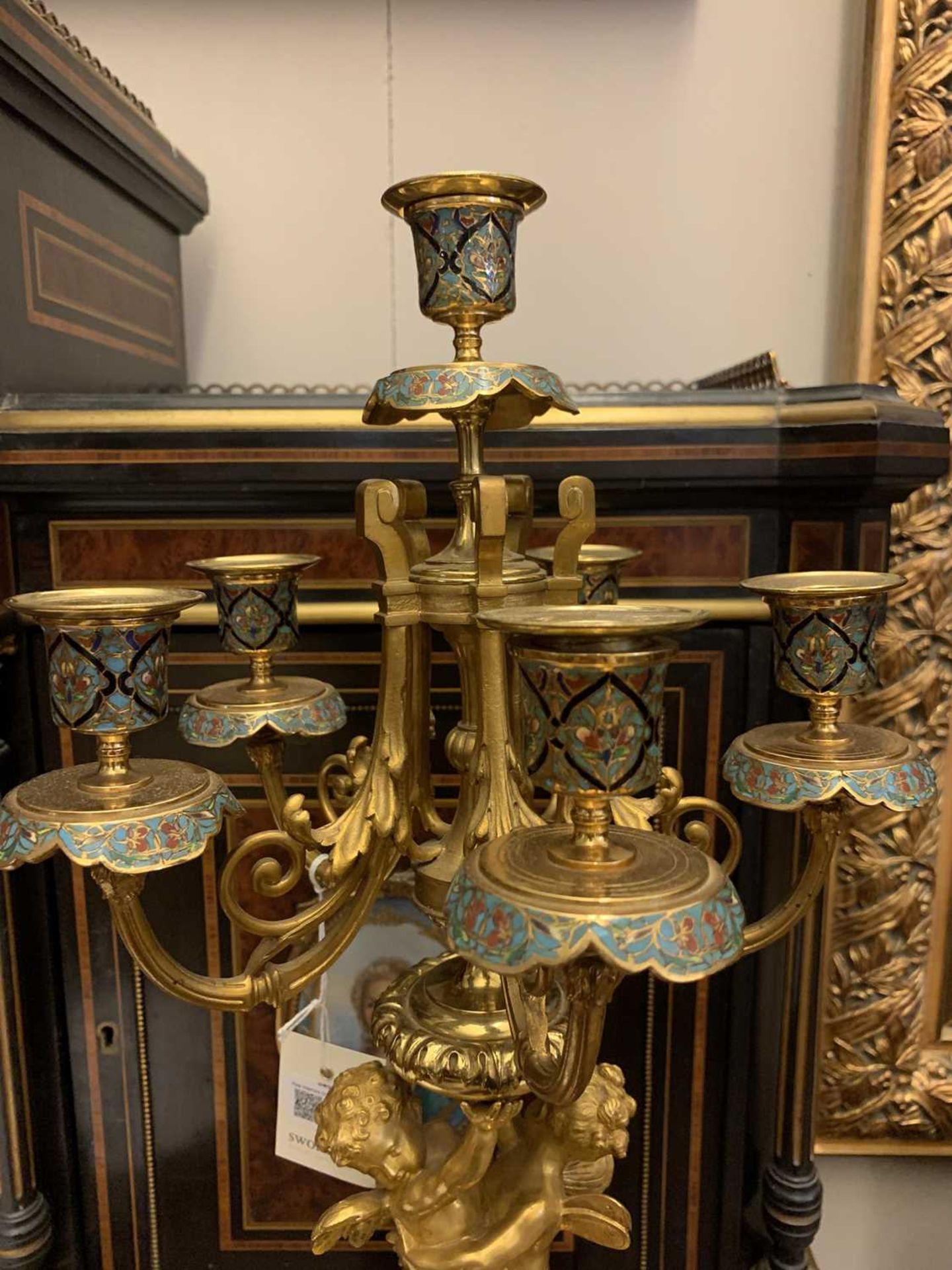 A pair of gilt-bronze and champlevé enamel six-branch candelabra, - Image 7 of 15