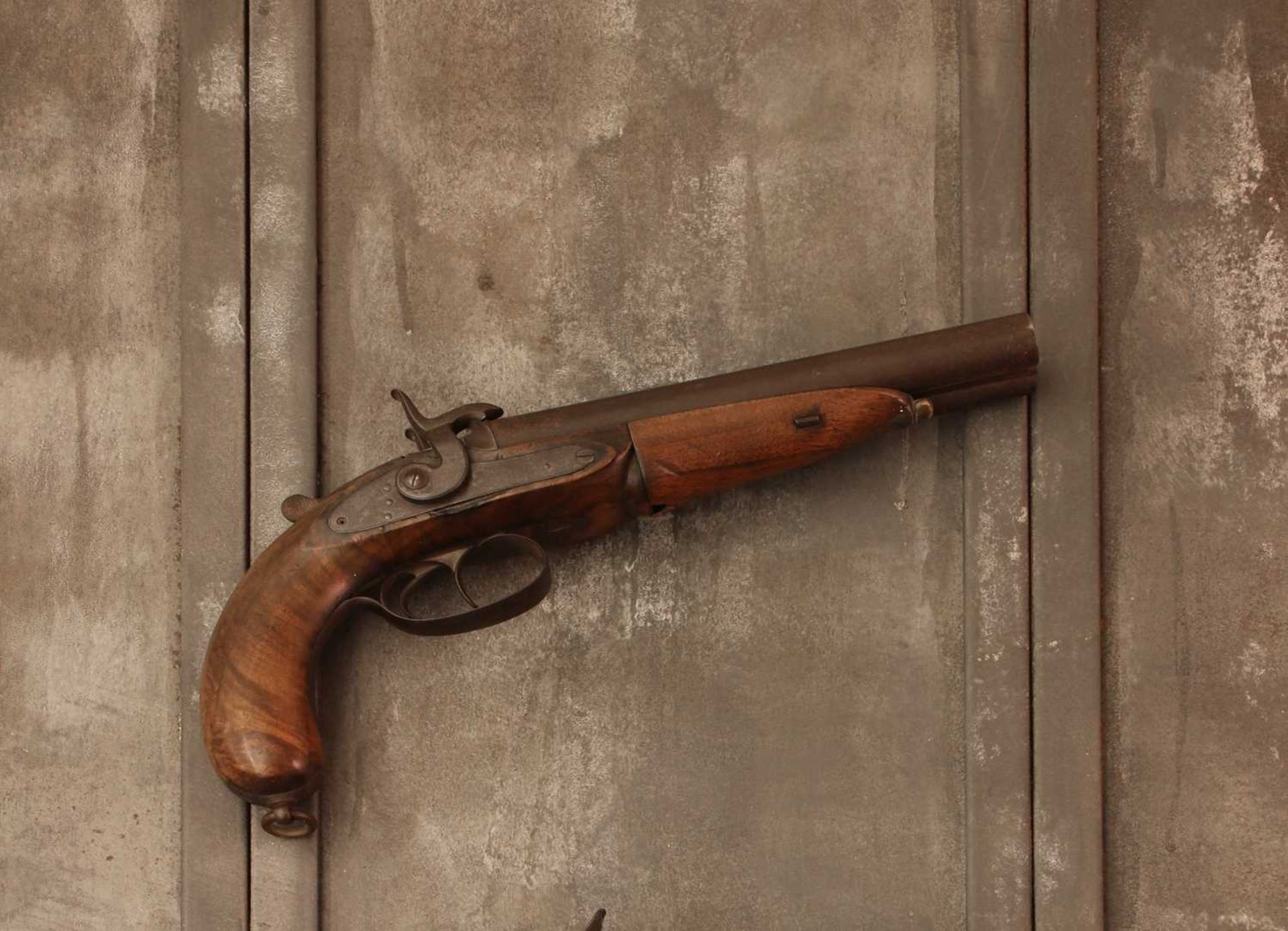 A 16 bore double-barrelled rifled pin-fire Westley Richards Howdah pistol,