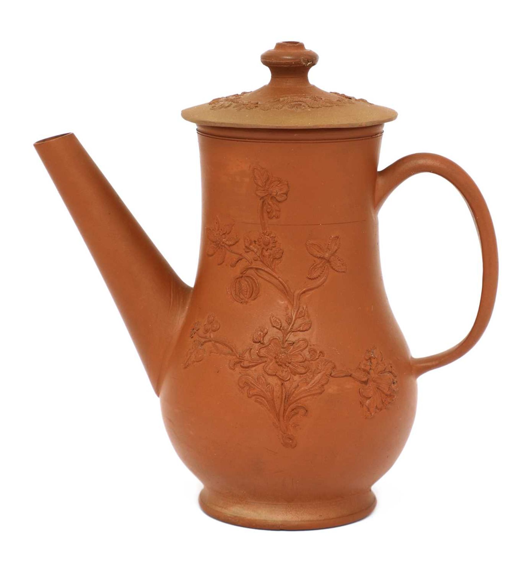 A Staffordshire redware small baluster-shaped coffee pot and associated cover,