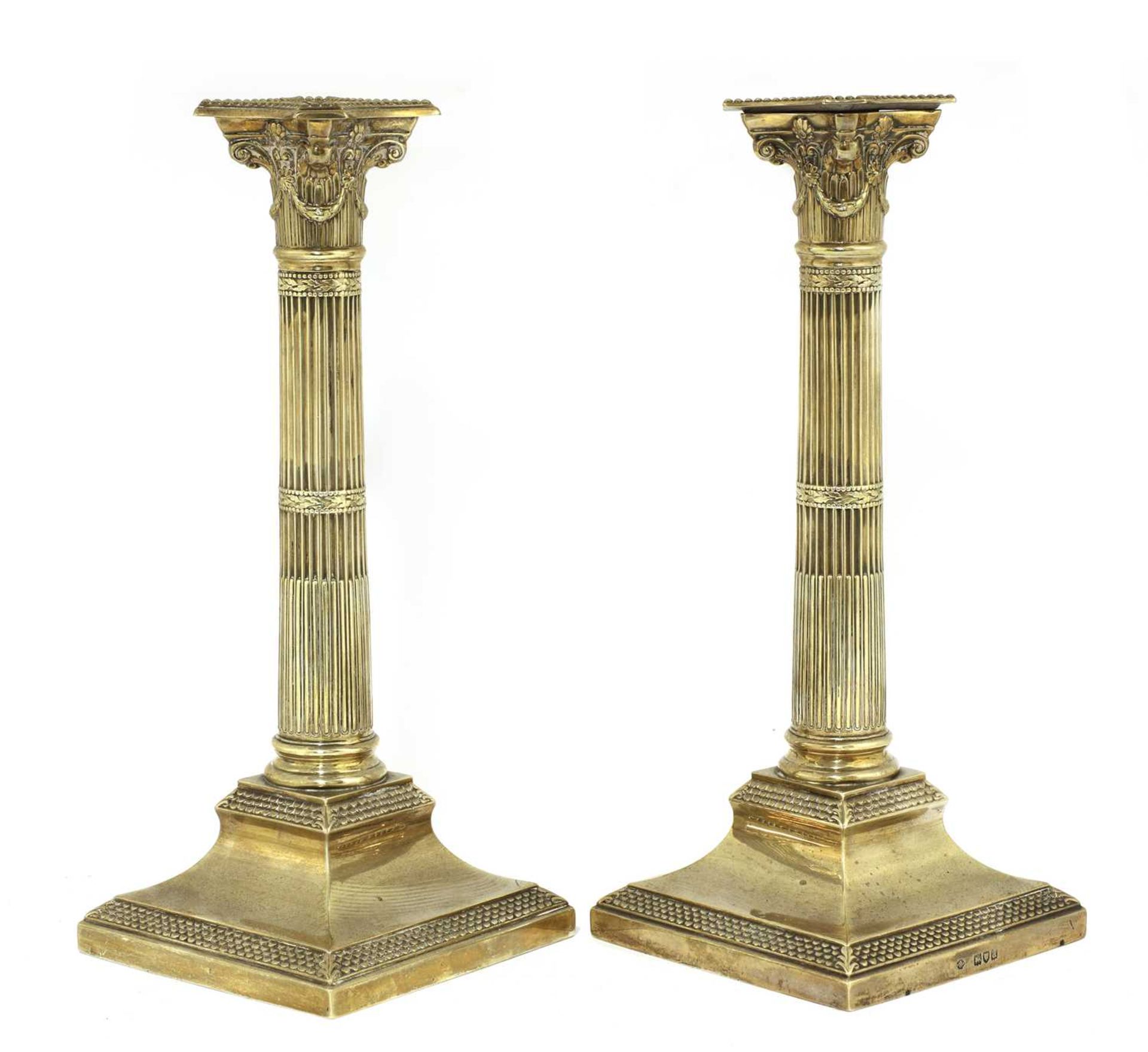 A pair of Victorian silver Corinthian column candlesticks,