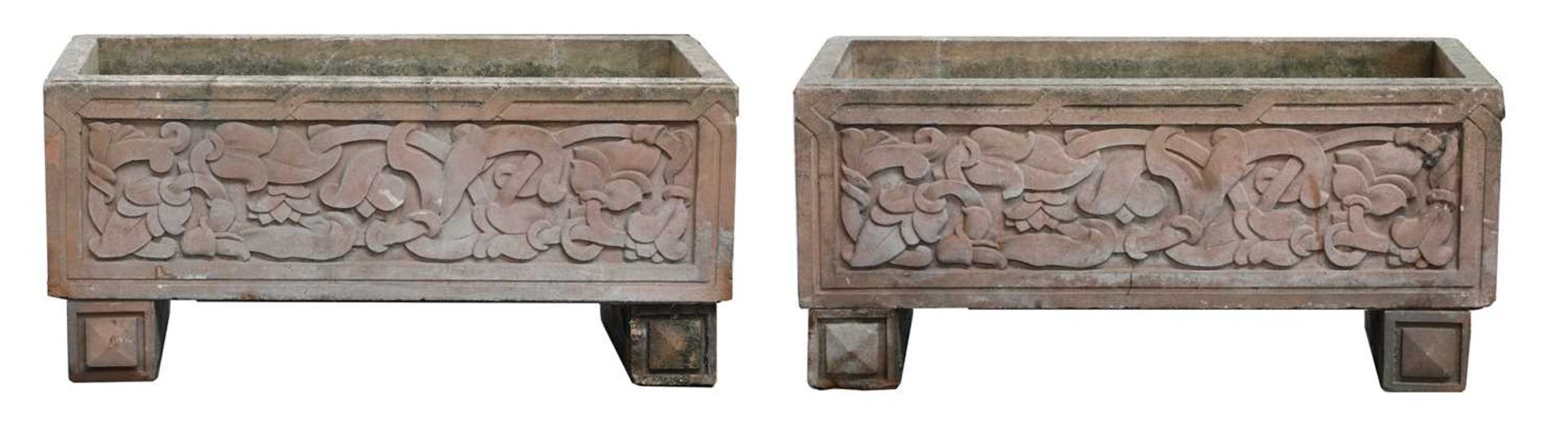 A pair of Indian sandstone garden troughs,