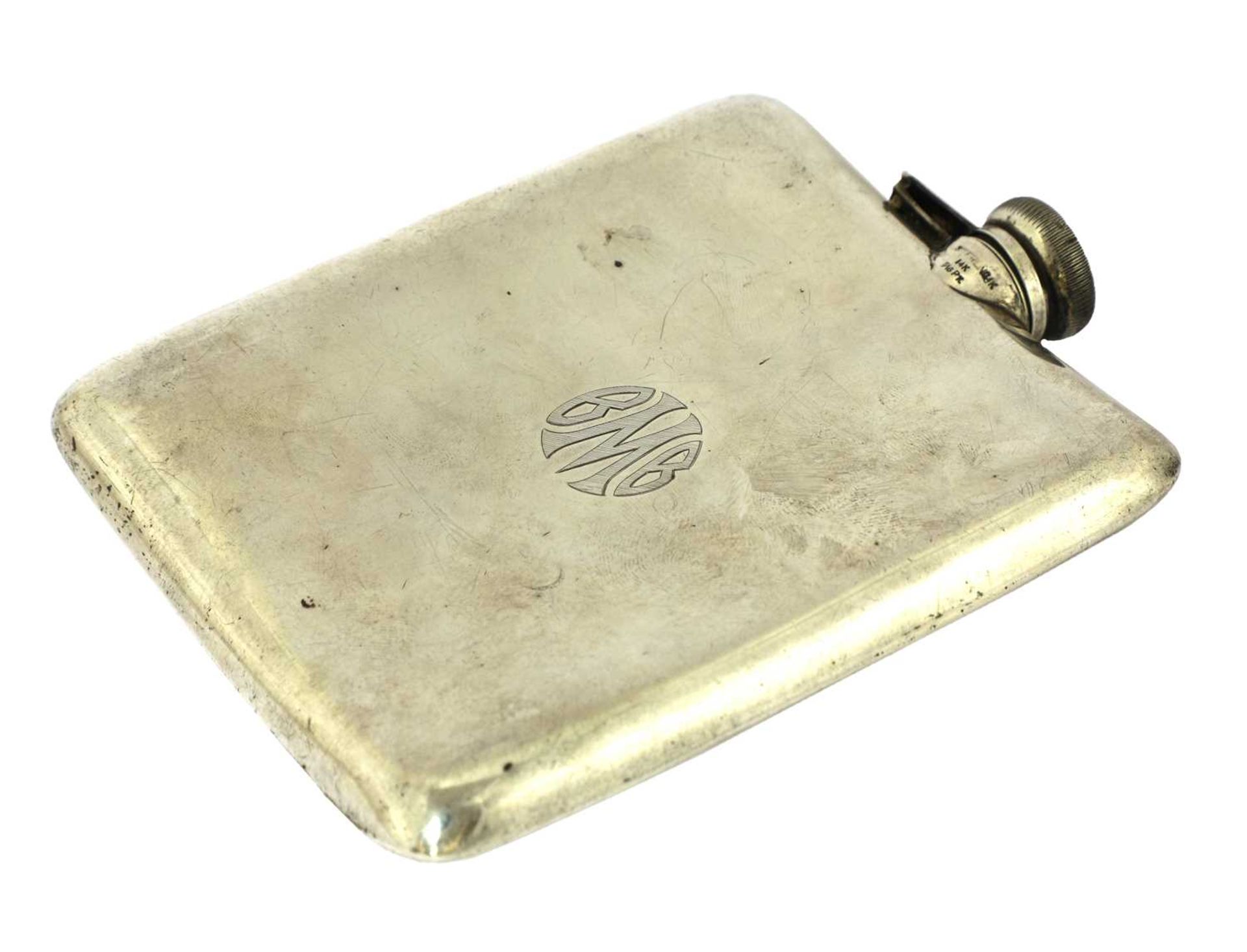 An American Prohibition sterling silver and gold inlay hip flask, - Image 2 of 3