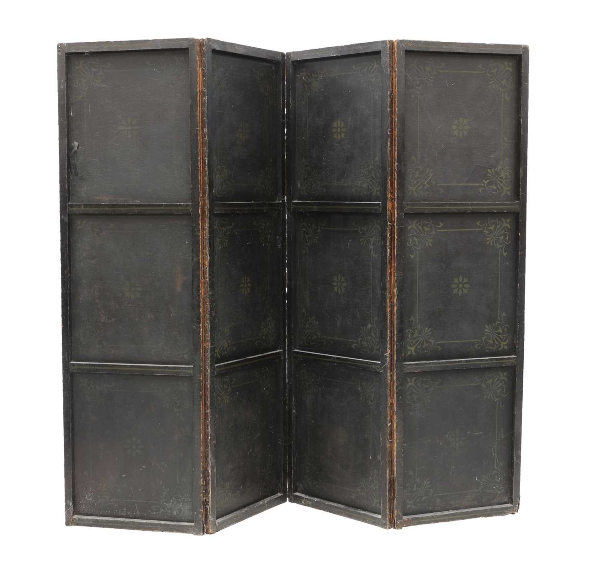 A leather and painted four-fold screen, - Image 4 of 4