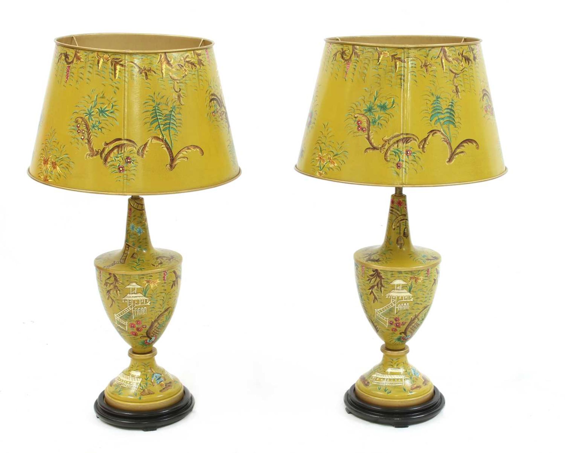 A pair of yellow toleware-style table lamps and shades, - Image 2 of 2