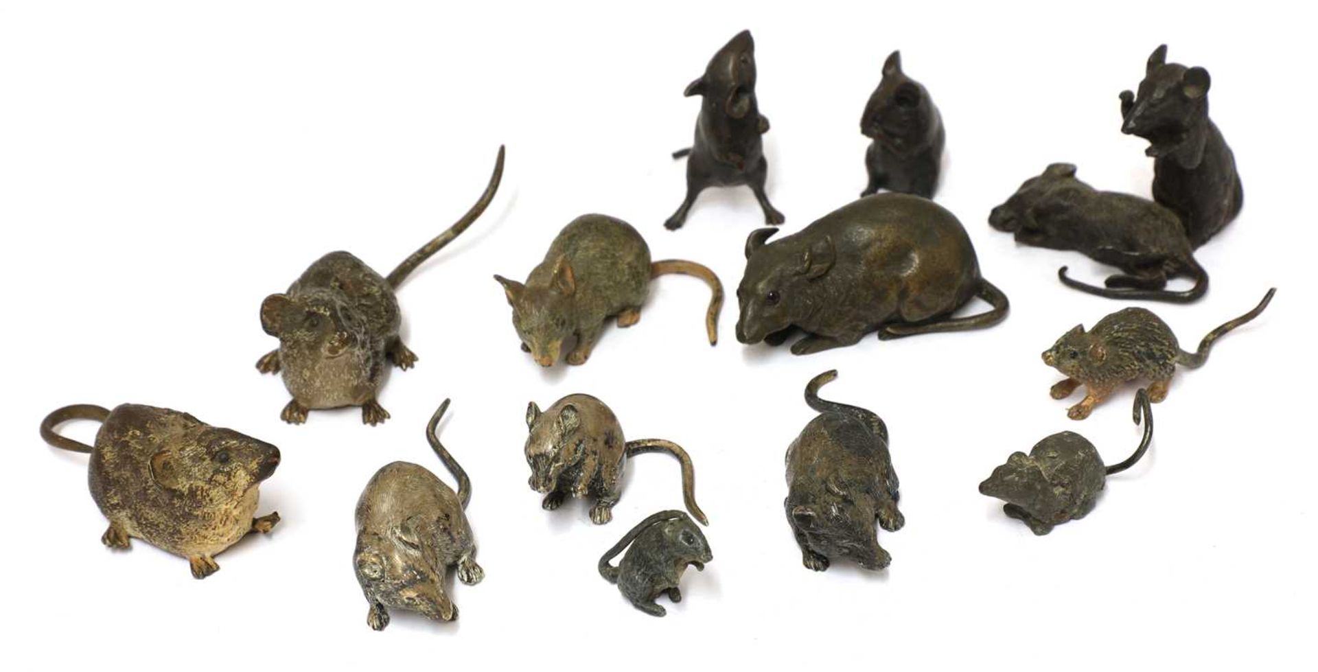 A collection of fourteen cold-painted bronze and lead mice and rats,