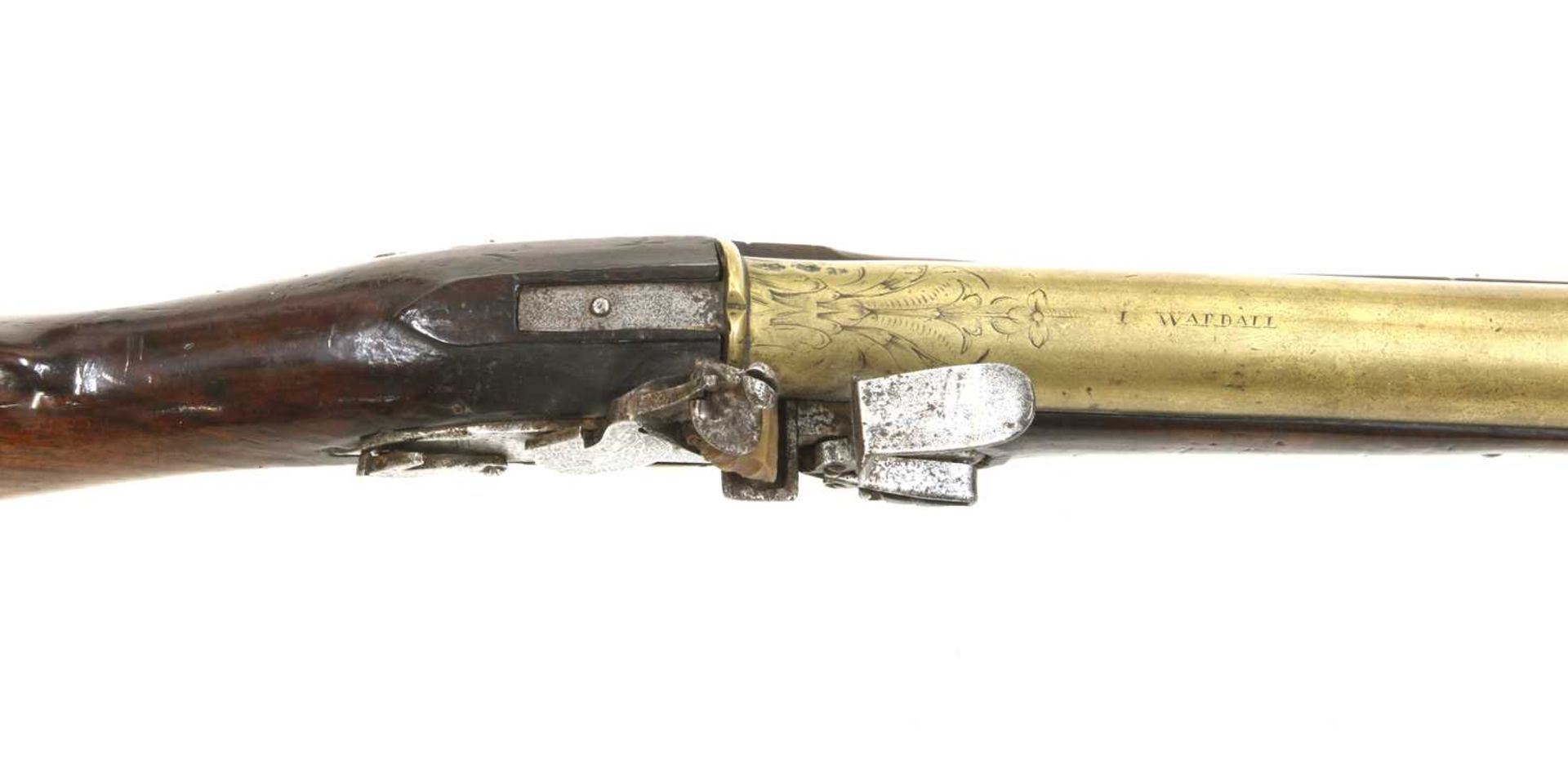 An English flintlock 'dog-lock' brass barrelled musketoon, - Image 4 of 4